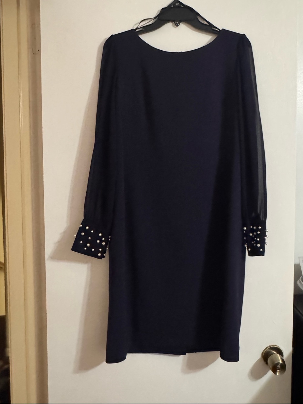Karl Lagerfeld Navy Long-Sleeve Shift Dress with Pearl-Stud Cuffs